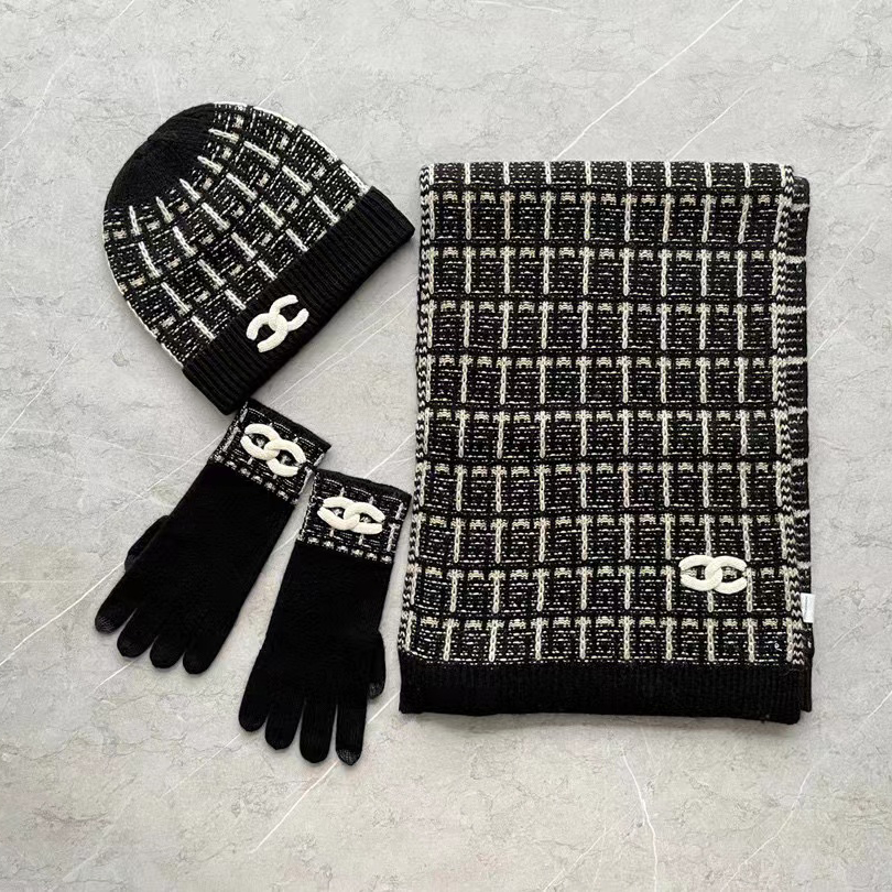 Chanel Knitted Wool Winter Matching Scarf Gloves Hat Set #nigo52519