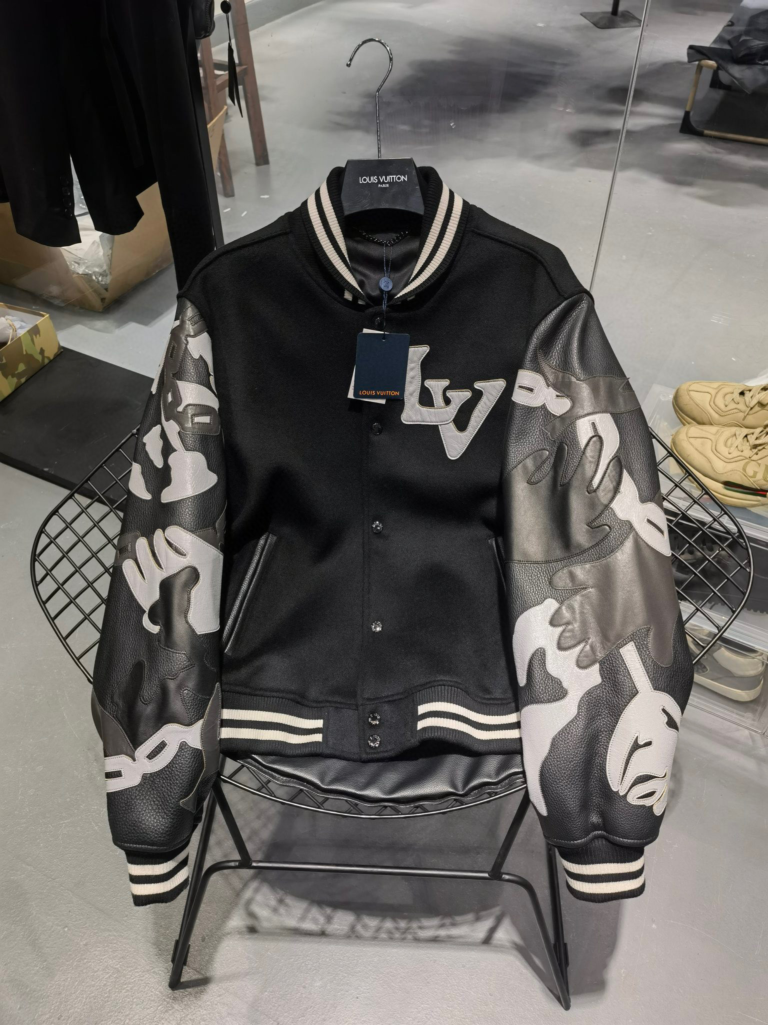 Louis Vuitton Genuine Leather Baseball Uniform Chains Camo Varsity Jacket #nigo155B