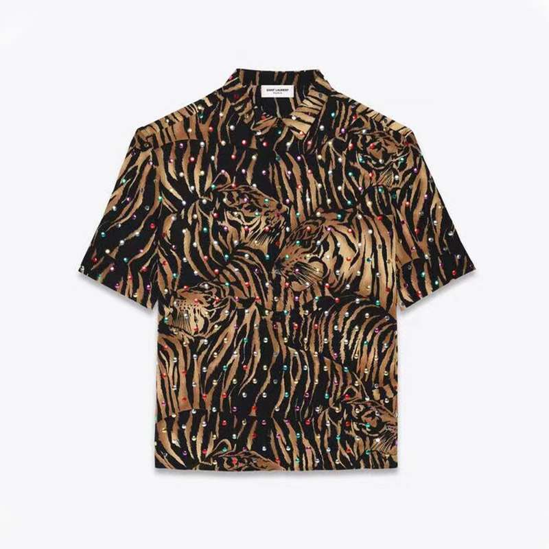 NIGO Saint Laurent Men's Spring, Summer And Fall Lapel Fitted Polka Dot Tiger Print Silk Short Sleeve Shirt Ngvp #nigo5159