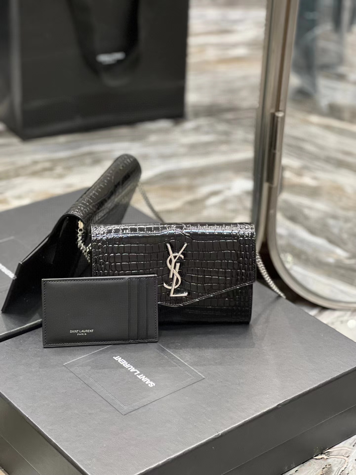 SAINT LAURENT Grain Embossed Leather Chain Wallet Bag Bags #nigo54111