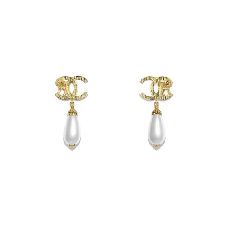 Chanel Gold Lion Ear Studs Hand Brushed Water Drop Pearl Copper Gilded Accessories Jewelry #nigo82419