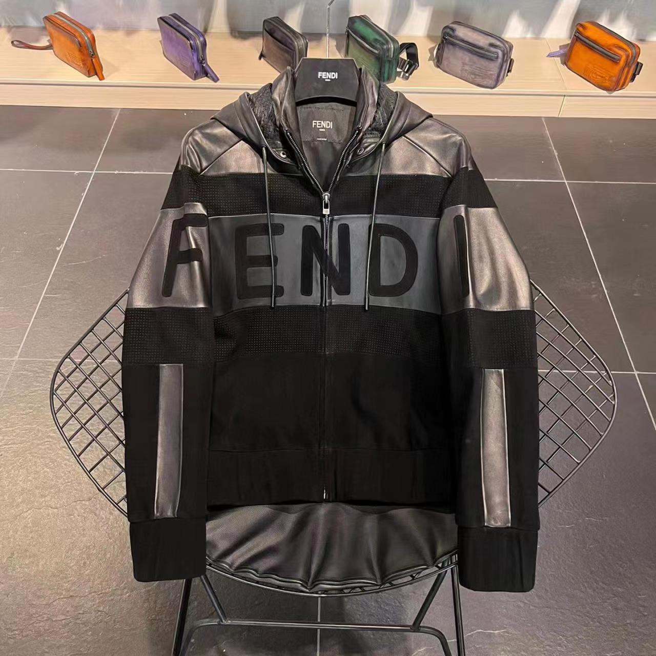 Fendi Leather Fleece Panel Zipper Jacket Coat #nigo7594