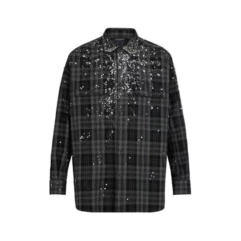 Louis Vuitton Austrian Rhinestone Plaid Long Sleeve Shirt #nigo4789
