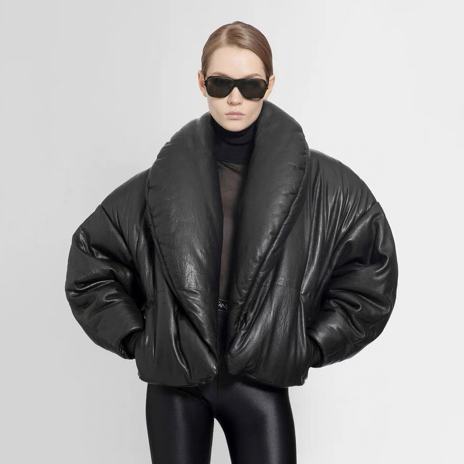 Saint Laurent Pure Black Leather Puffer Down Jacket #nigo96442