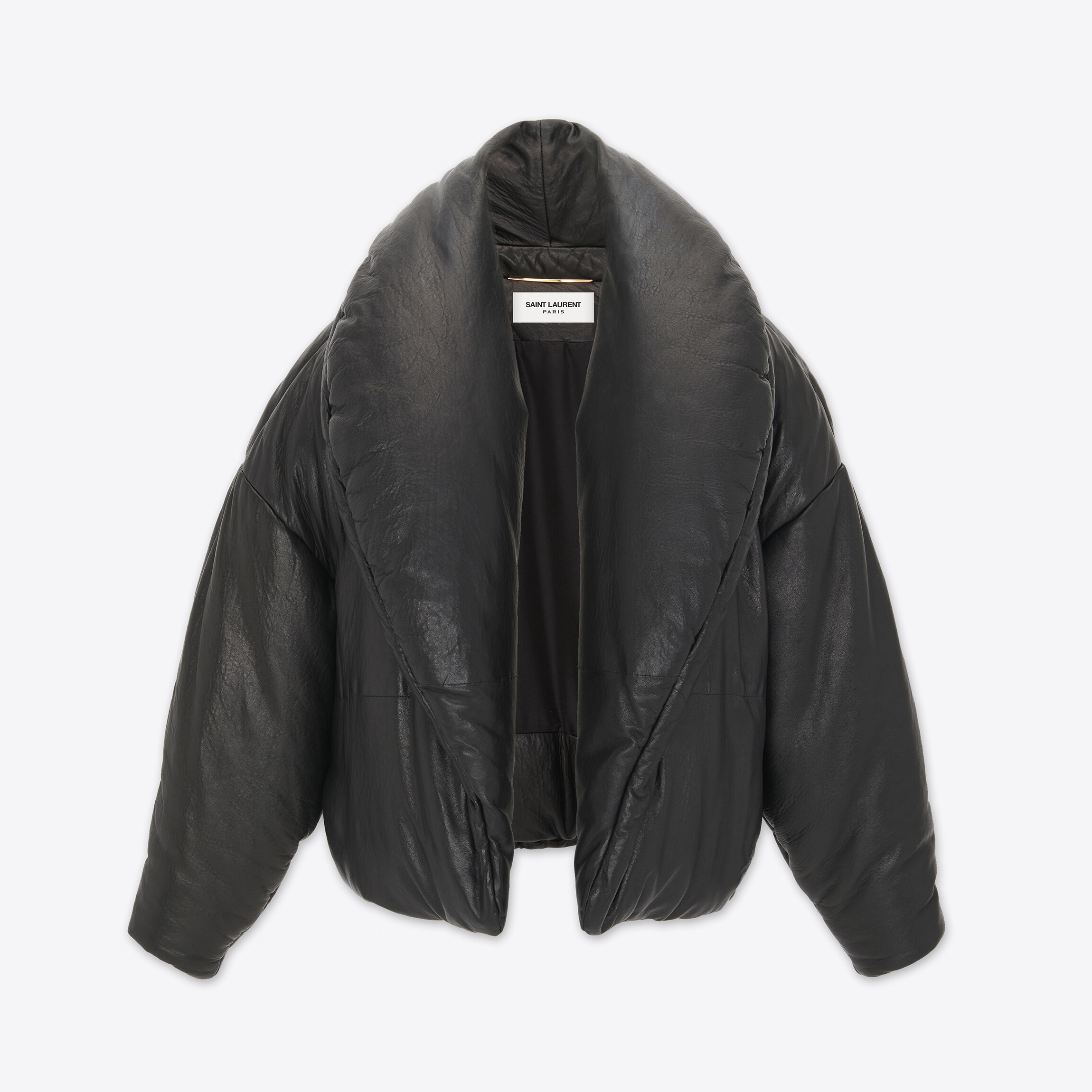 Saint Laurent Pure Black Leather Puffer Down Jacket #nigo96442