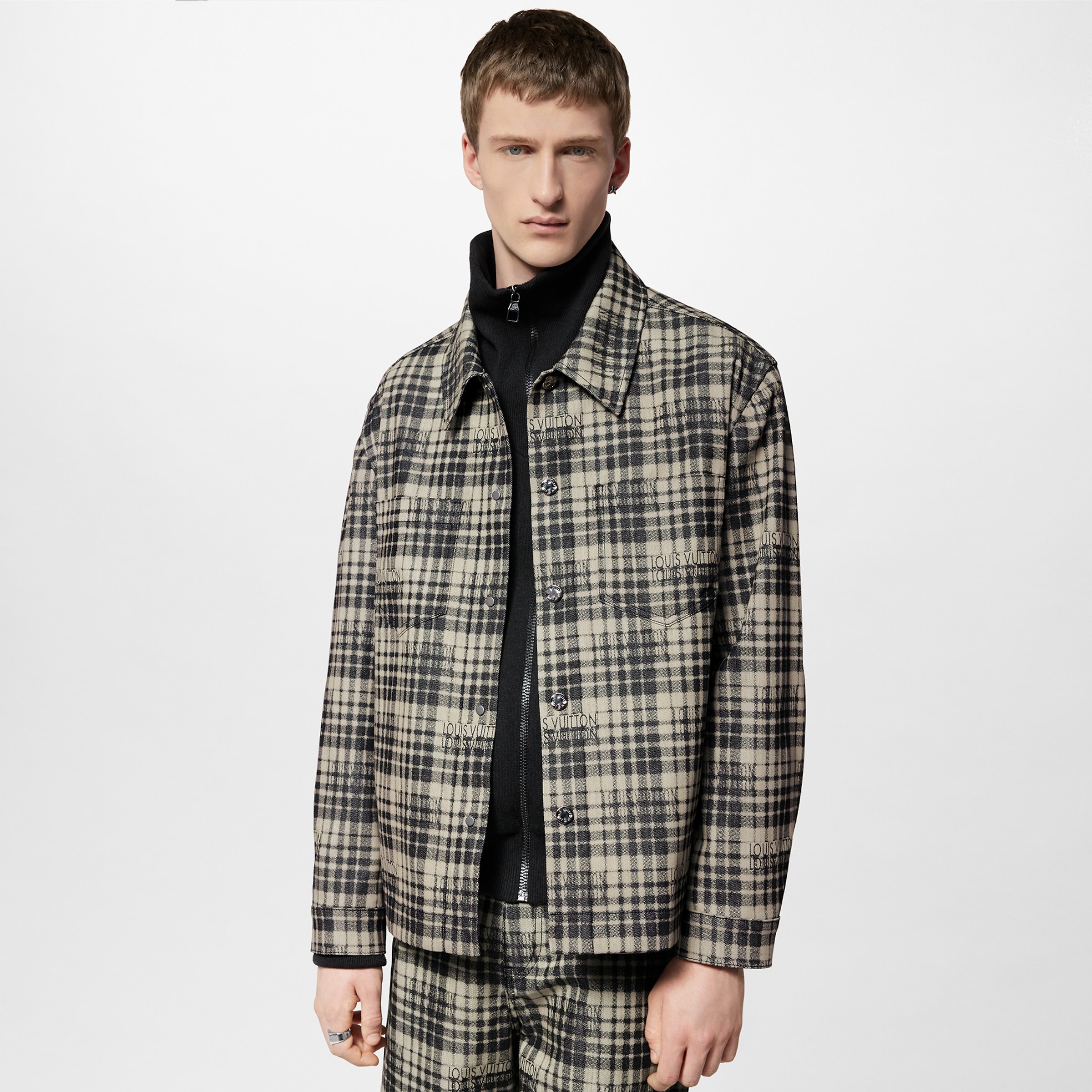 Louis Vuitton Checked Denim Overshirt Cotton Black And White Plaid Long Sleeve Shirt #nigo96489