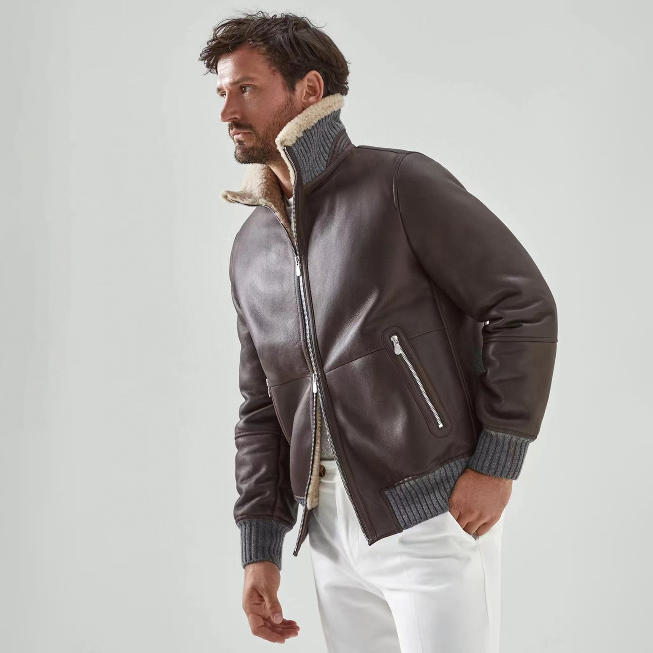 Brunello Cucinelli FW21 Leather And Fur Integrated Pilot Style Coat Leather Jacket Ngvp #nigo6618