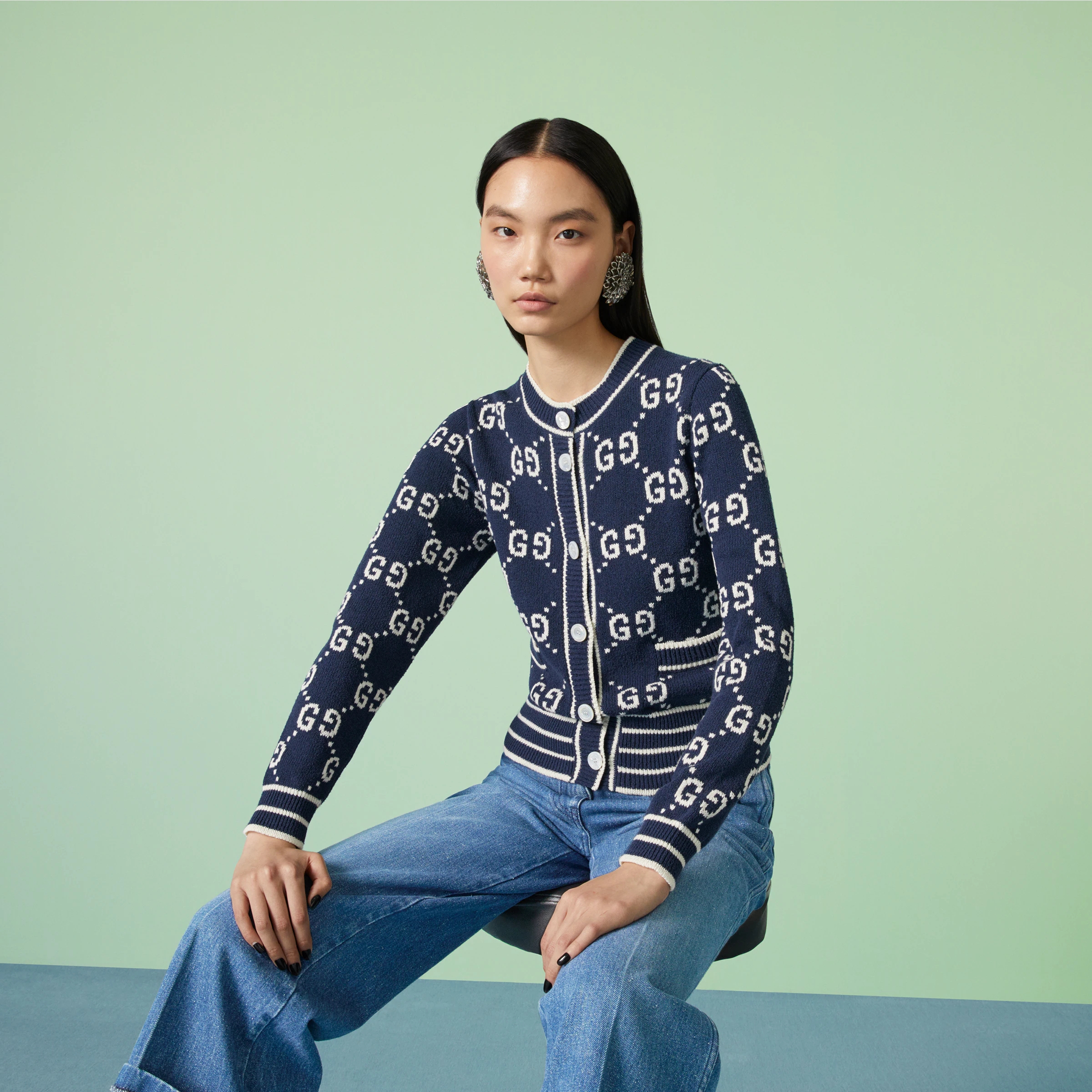 Gucci Dark Blue Cotton Blend Cardigan Jacket #nigo96622