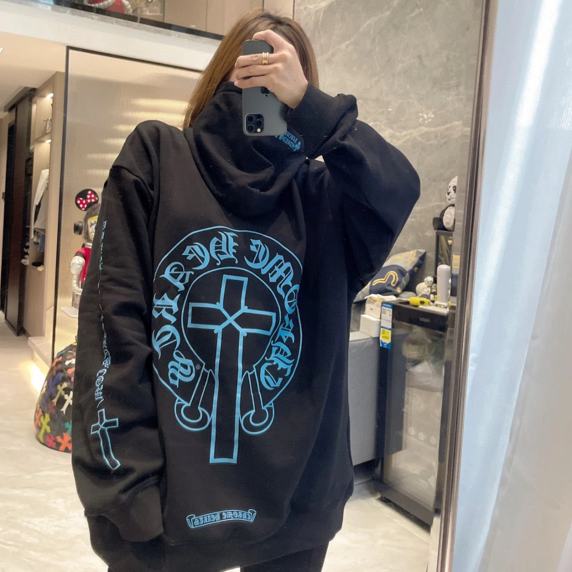 Chrome Hearts Printed Black Hooded Sweatshirt Sky Blue #nigo96648
