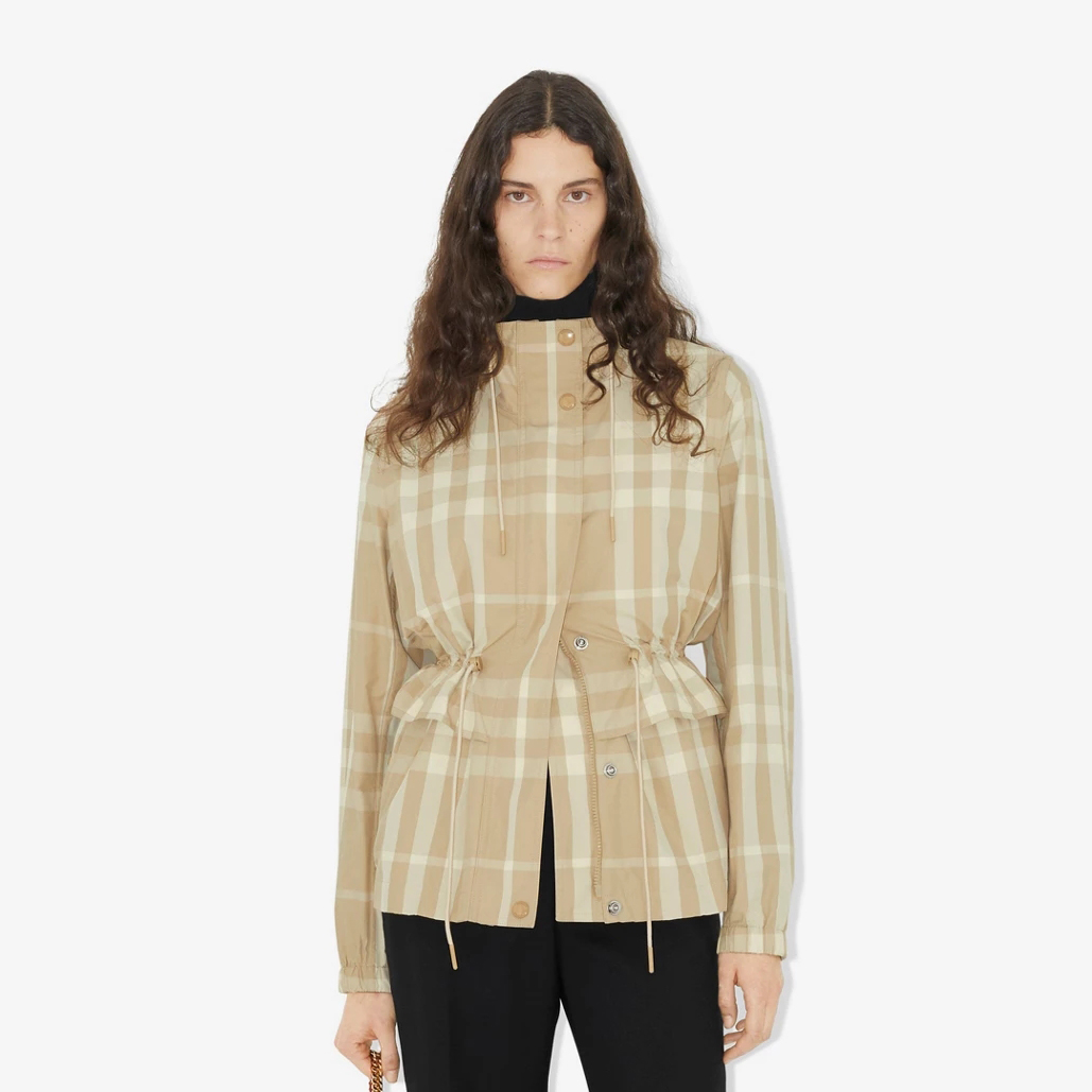 Burberry Check Nylon Funnel Neck Jacket Striped Drawstring Single Breasted #nigo96693