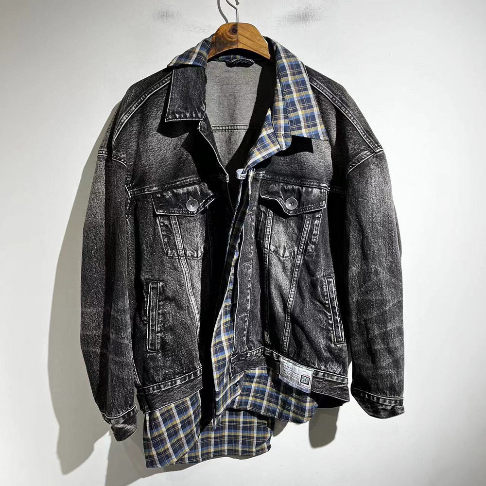 NIGO Maison Mihara Yasuhiro Men's Spring And Autumn Lapel Long Sleeve Worn Loose Washed Plaid Shirt Patchwork Denim Jacket Ngvp #nigo6764