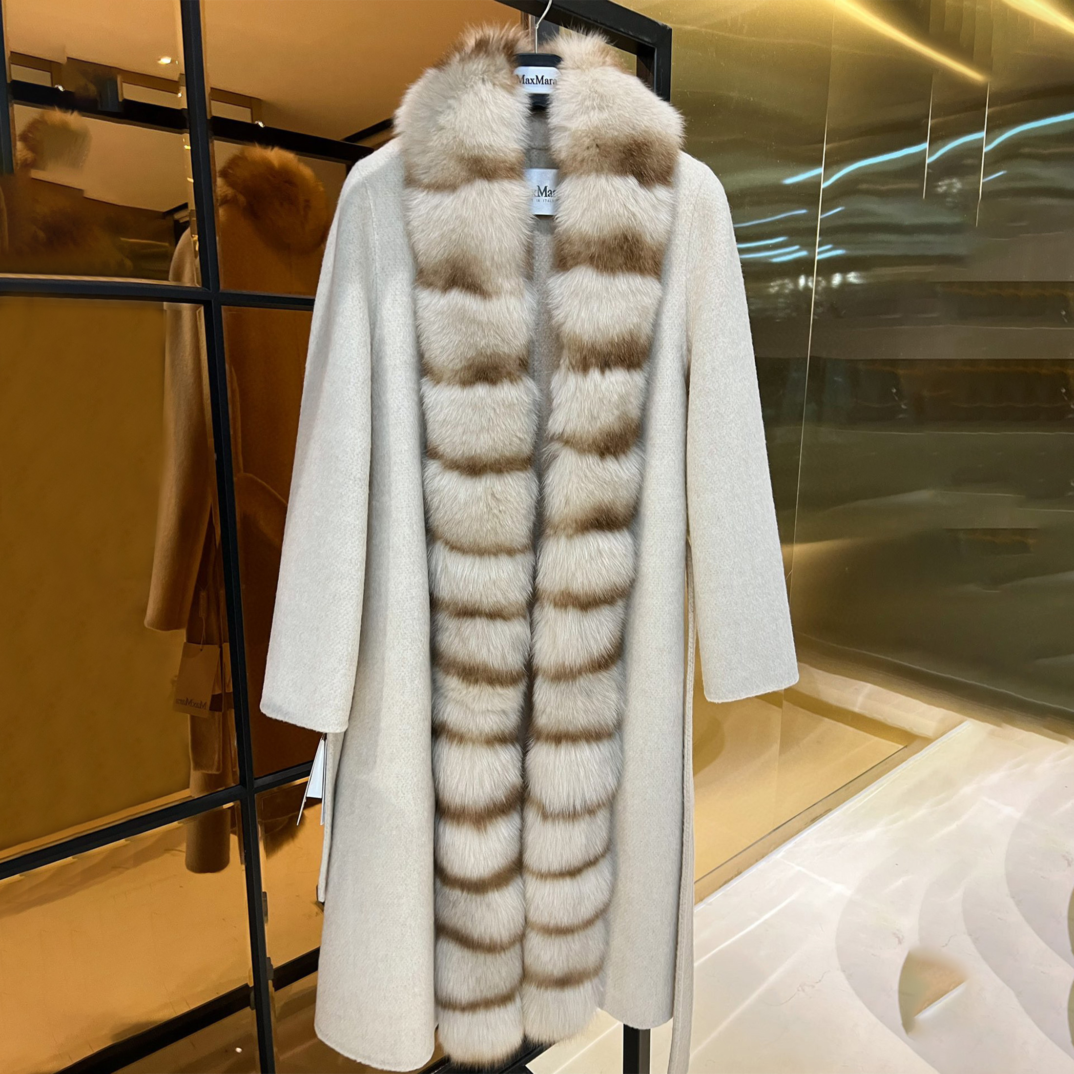 MaxMara Fox Fur Collar Cashmere Reversible Mid-Length Lace-Up Coat Ngvp #nigo6754