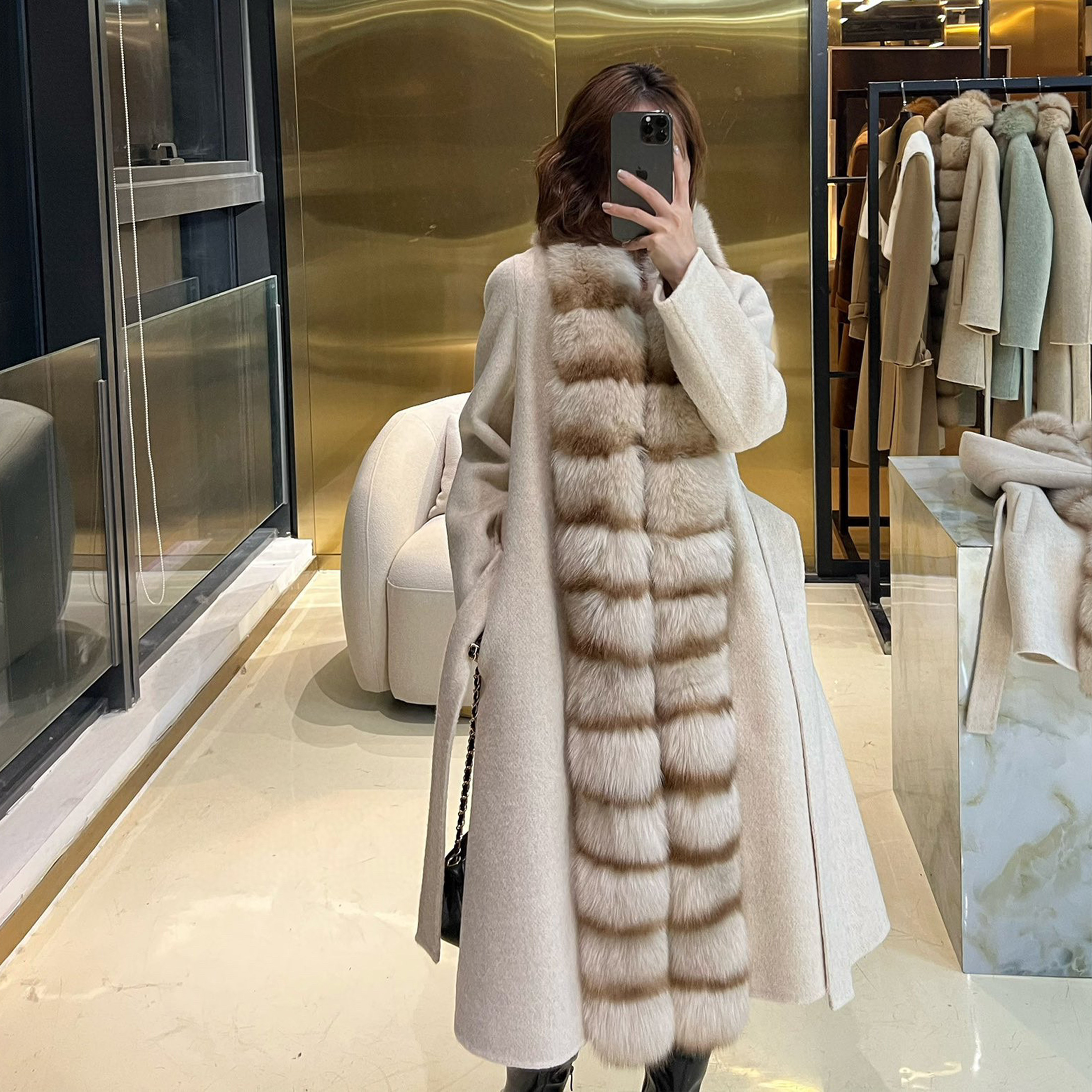 MaxMara Fox Fur Collar Cashmere Reversible Mid-Length Lace-Up Coat Ngvp #nigo6754