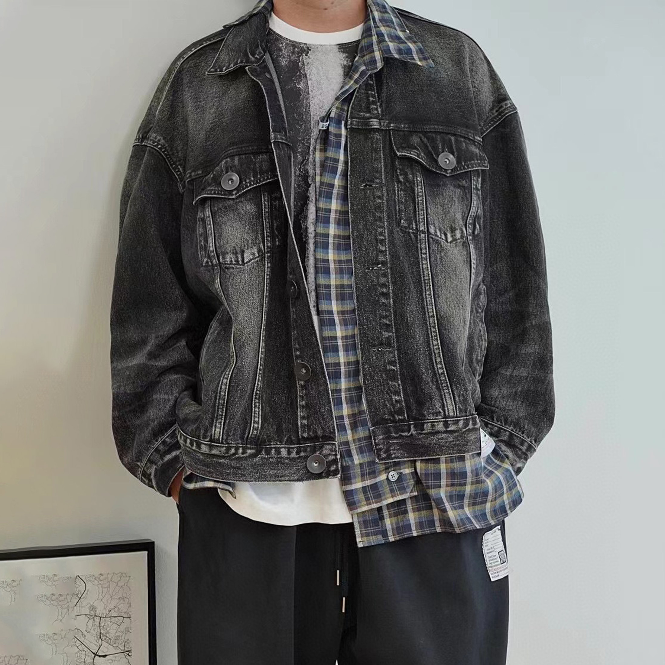 NIGO Maison Mihara Yasuhiro Men's Spring And Autumn Lapel Long Sleeve Worn Loose Washed Plaid Shirt Patchwork Denim Jacket Ngvp #nigo6764