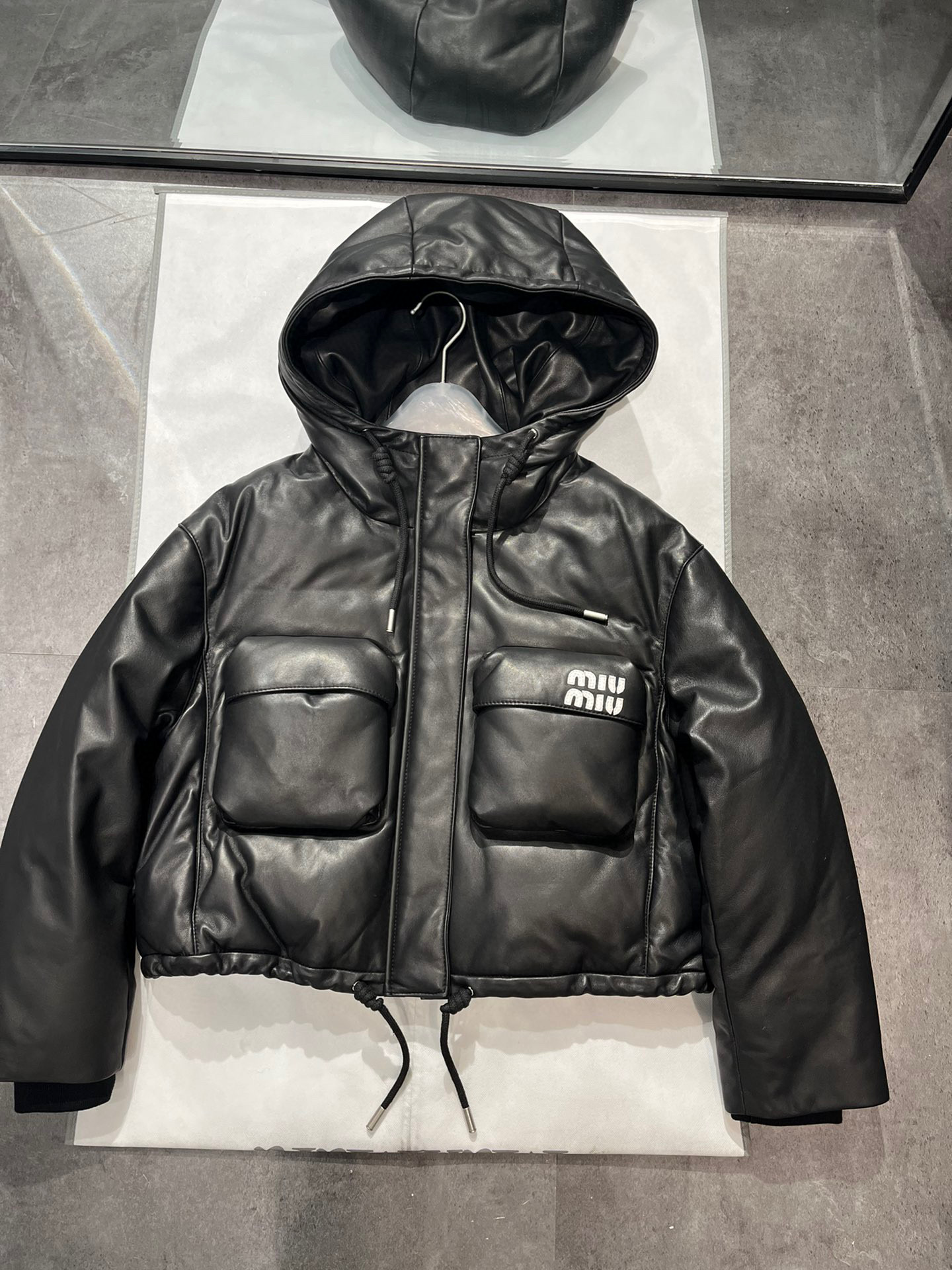 MiuMiu Short Hooded Leather Puffer Down Jacket #nigo96792