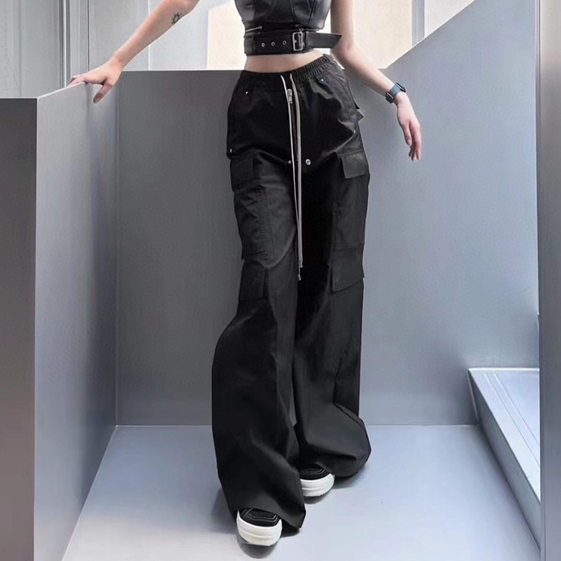 NIGO Rick Owens Men's Four Seasons Solid Color Cotton Multi-Pocket Drawstring Zipper Loose Workwear Casual Wide Leg Pants Ngvp #nigo5946