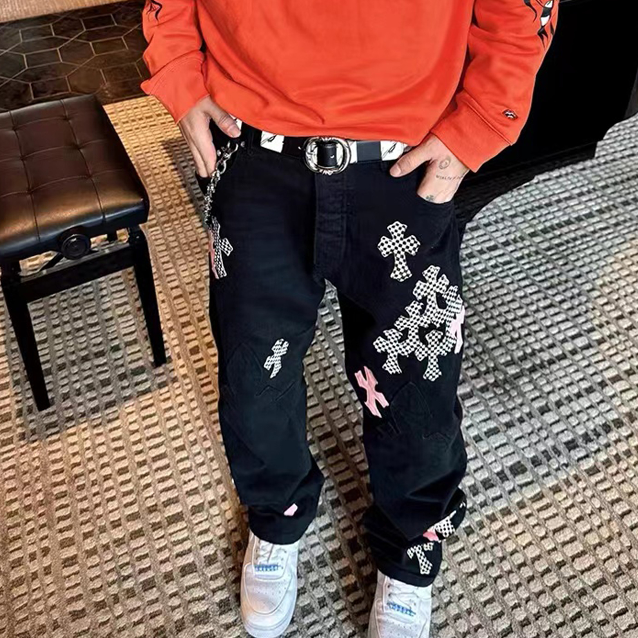 Chrome Hearts Men's Black Printed Straight Leg Denim Pants #nigo96847