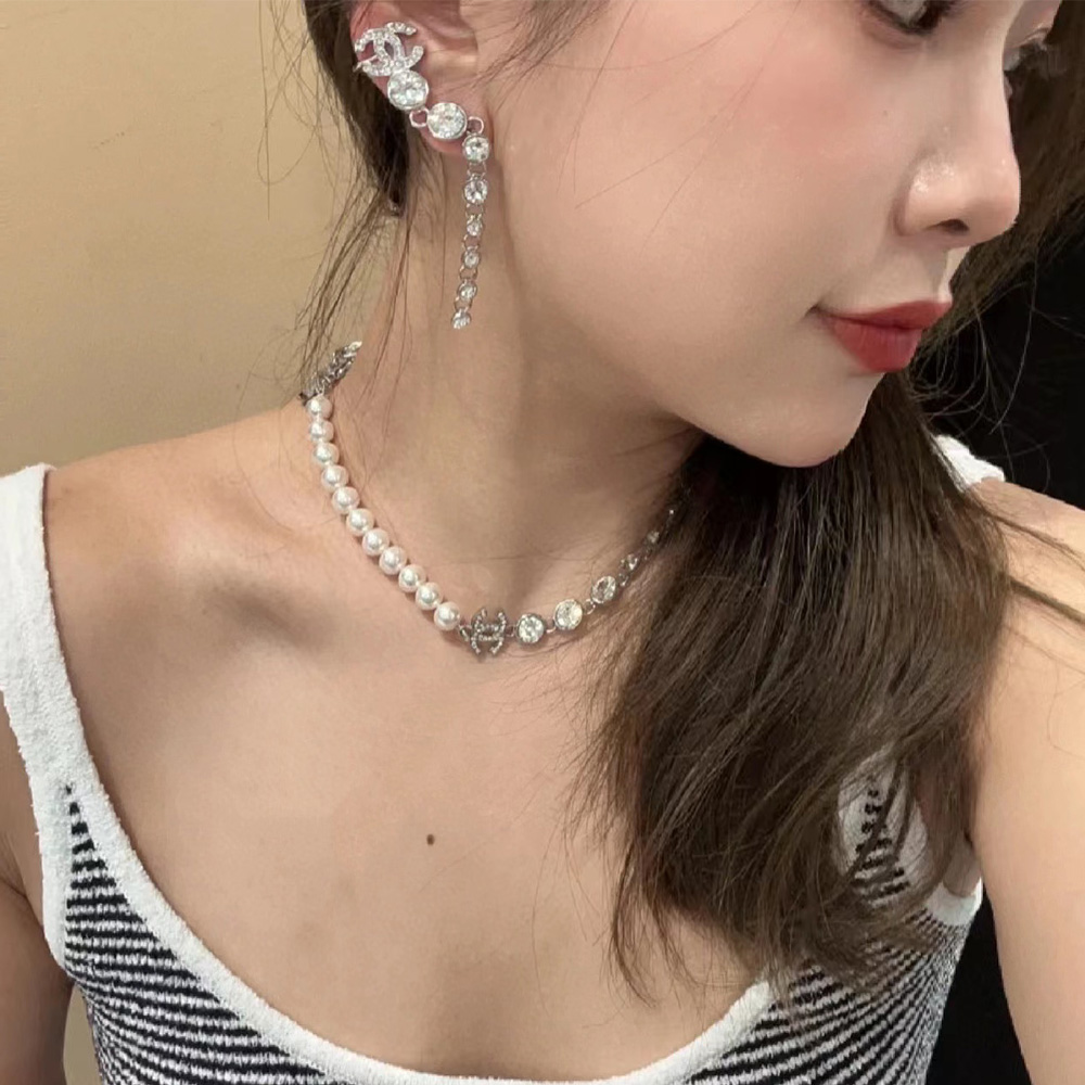 Chanel Letter Silver Full Diamond Pearl Necklace #nigo96846