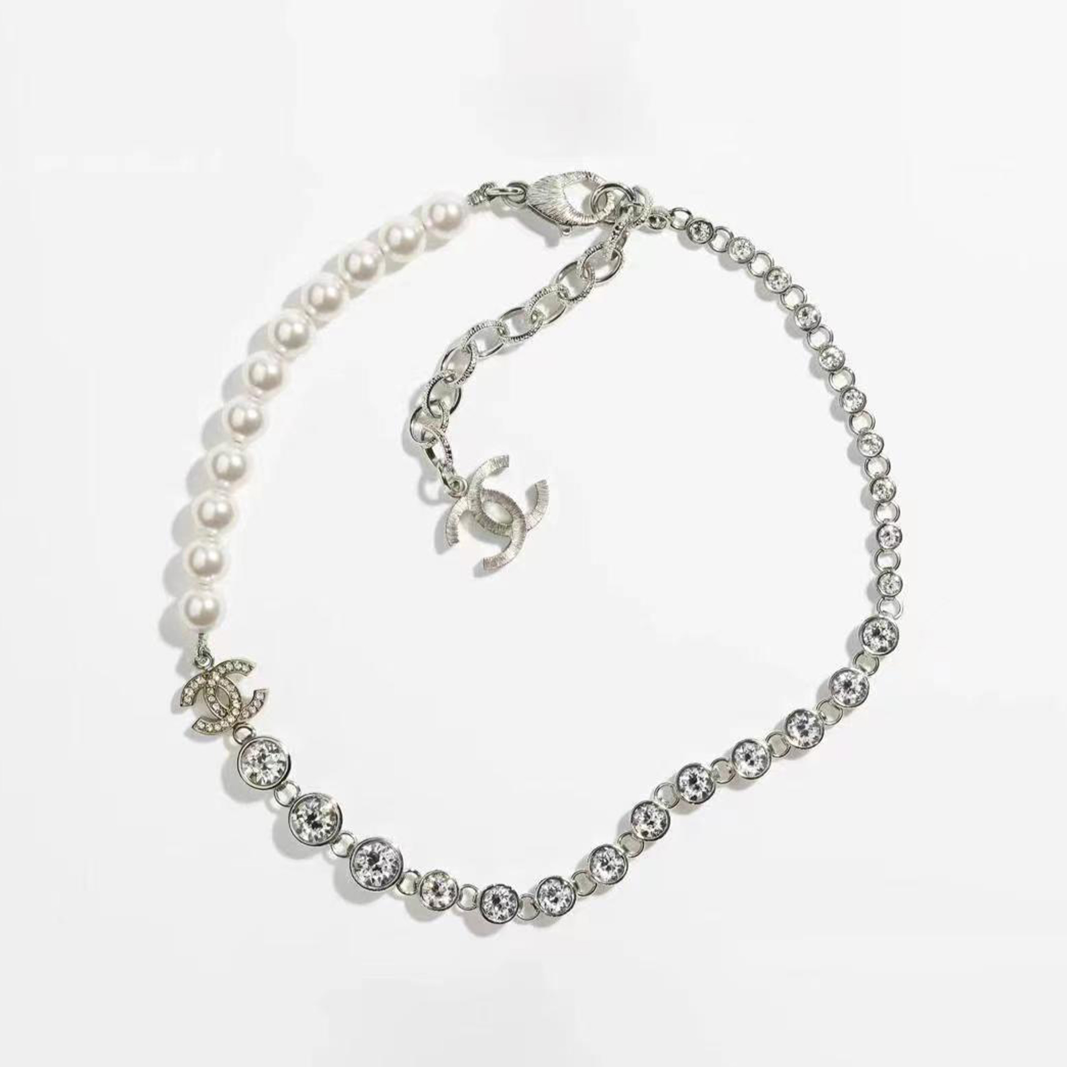 Chanel Letter Silver Full Diamond Pearl Necklace #nigo96846
