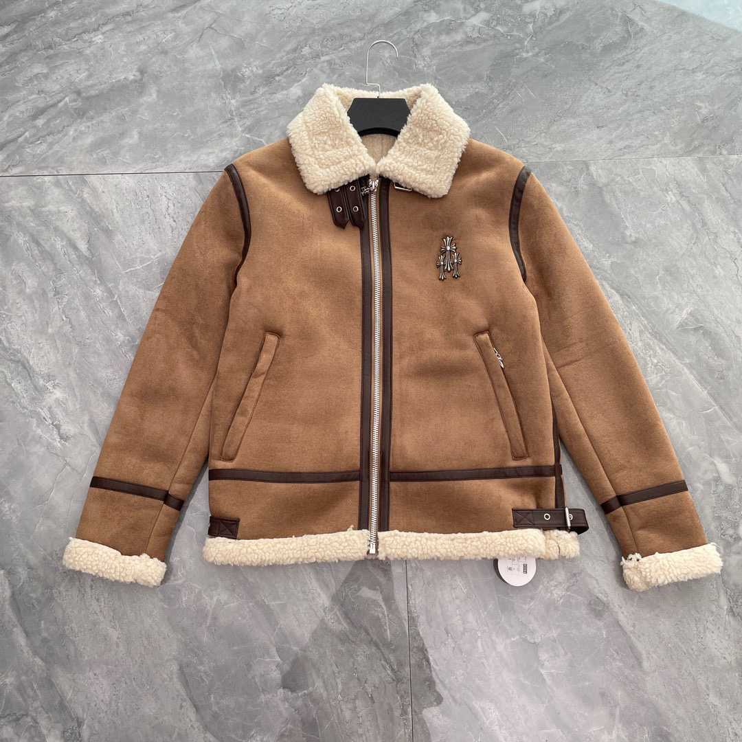 NIGO Chrome Hearts Men's Winter Suede Wool Lapel Zipper Solid Color Jacket #nigo96856