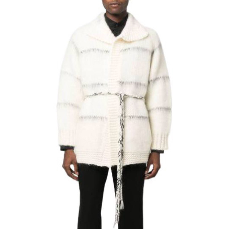 NIGO Valentino Men's Beige Striped Lapel Fitted Long Sleeve Knit Jacket #nigo96871