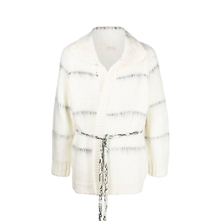 NIGO Valentino Men's Beige Striped Lapel Fitted Long Sleeve Knit Jacket #nigo96871