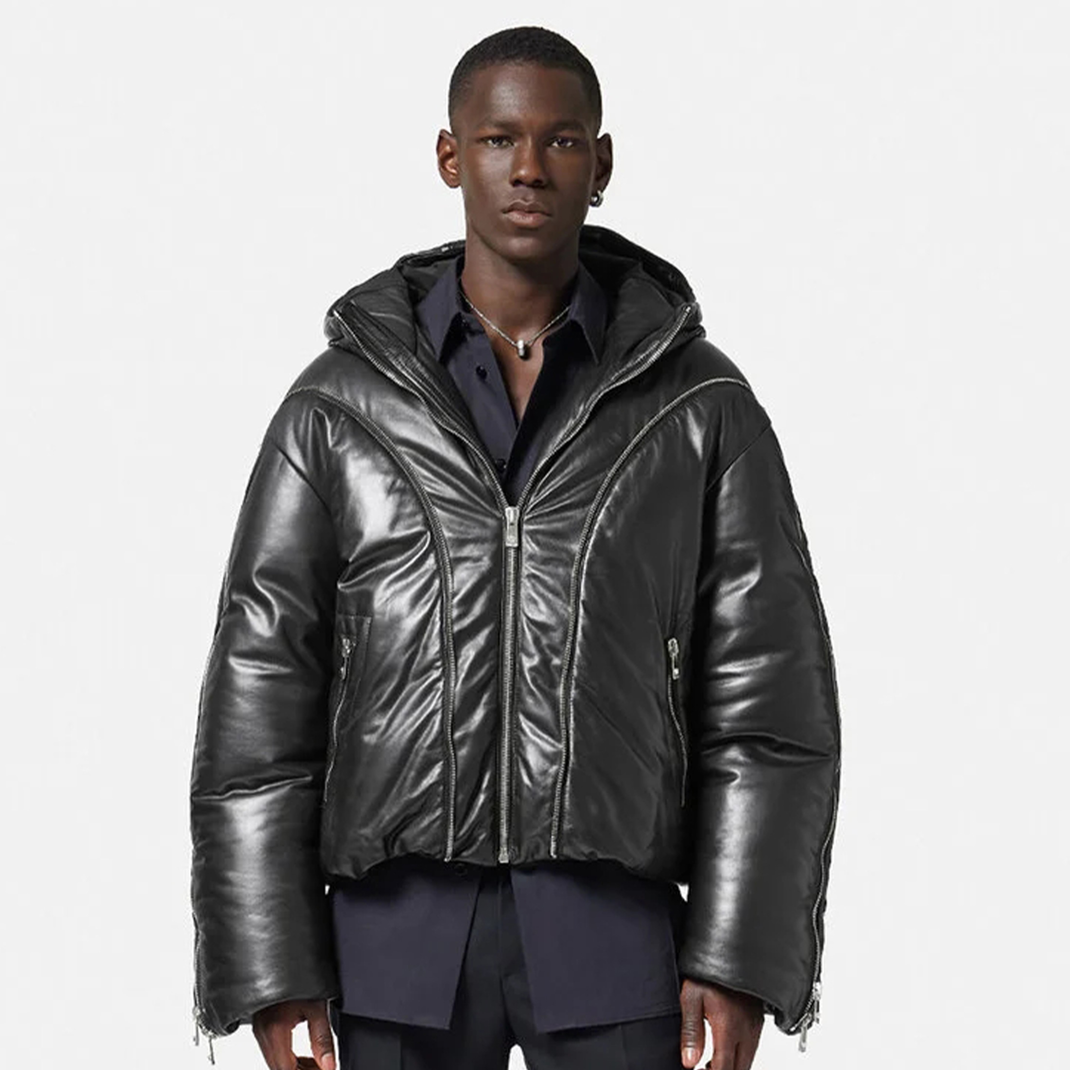 NIGO Versace Men's Winter Black Leather Zipper Loose Long Sleeve Hooded Down Jacket Ngvp #nigo6928