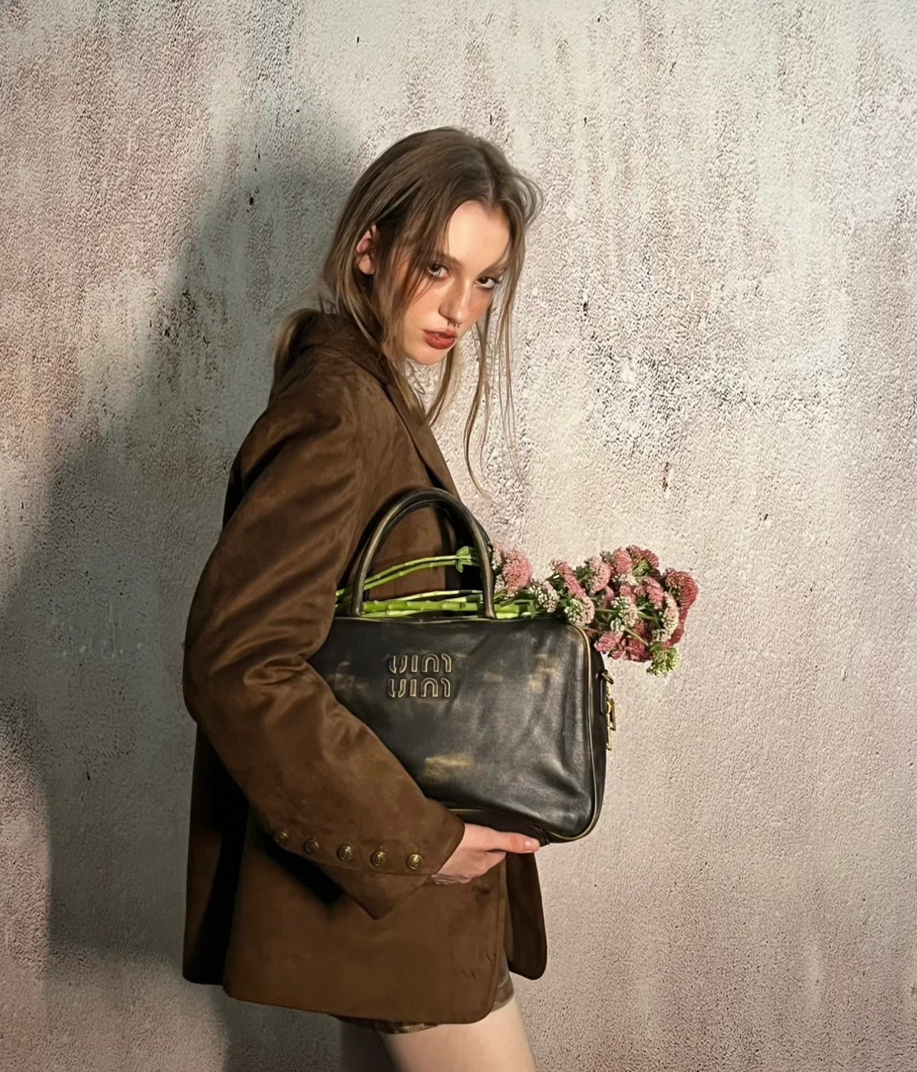 NIGO MiuMiu Women's Sand/Curry Leather Bowling Bag Handbag Bags #nigo96874