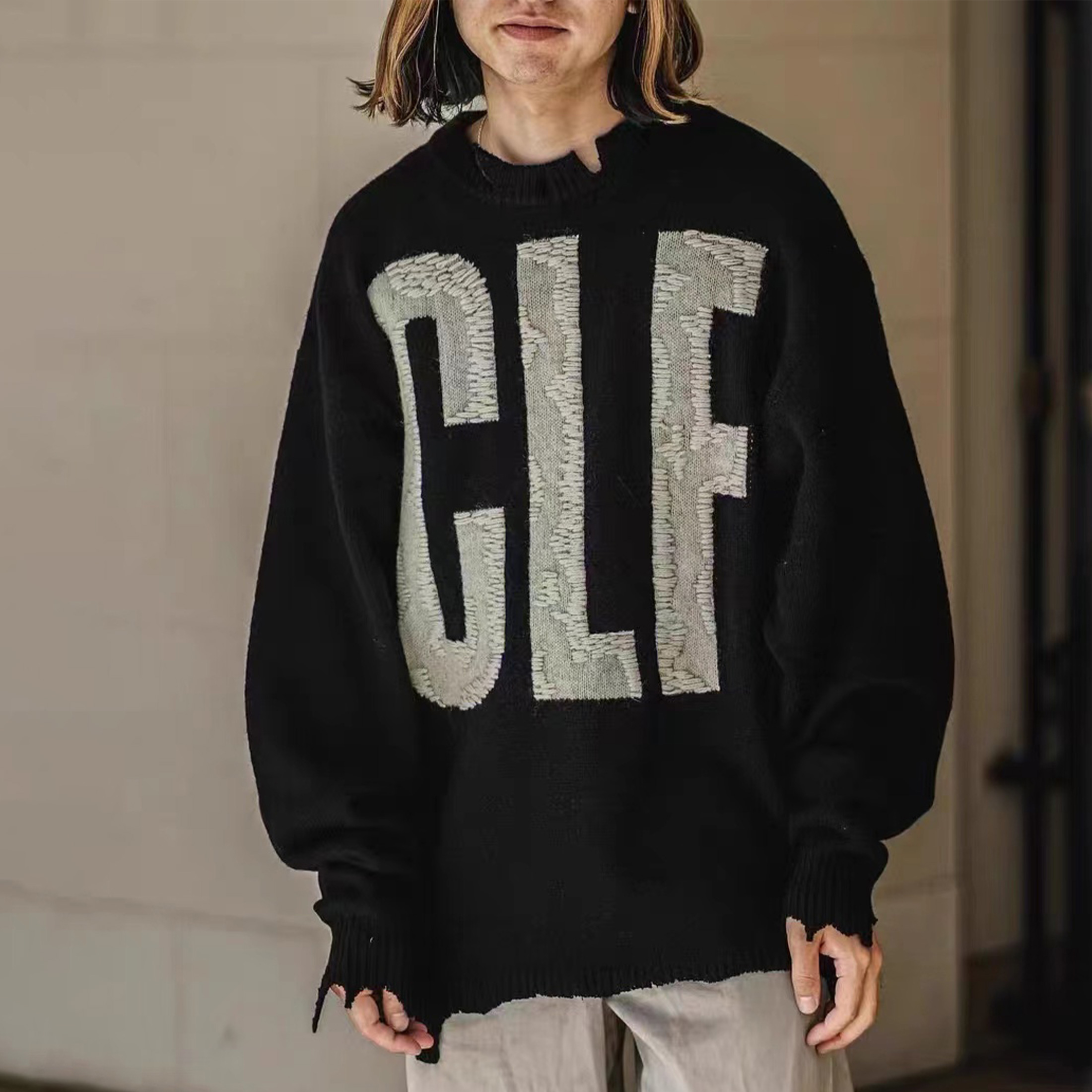 NIGO Saint Michael FW22 Men's Spring And Autumn Black Letter Print Long Sleeve Wool Crew Neck Knit Sweater Ngvp #nigo6971