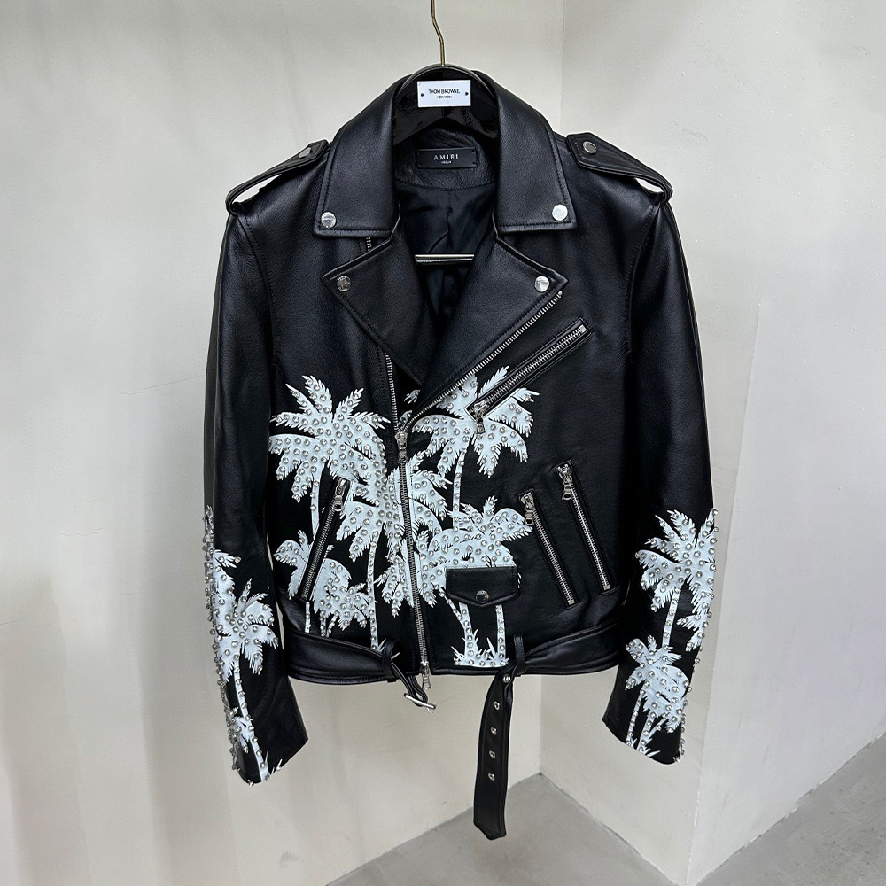 NIGO AMIRI Men's Autumn and Winter Diamond Printed Short Long Sleeve Leather Jacket Ngvp #nigo6947