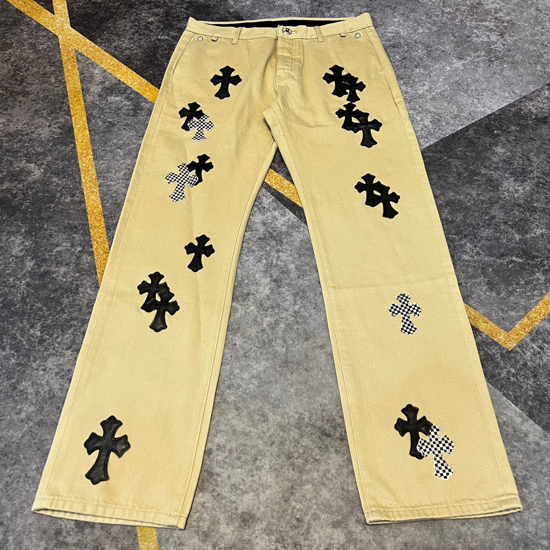 NIGO Chrome Hearts Patchwork Leather Cross Embroidered Straight Leg Aged High Street Loose Jeans Pants #nigo96918