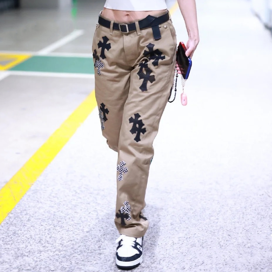 NIGO Chrome Hearts Patchwork Leather Cross Embroidered Straight Leg Aged High Street Loose Jeans Pants #nigo96918