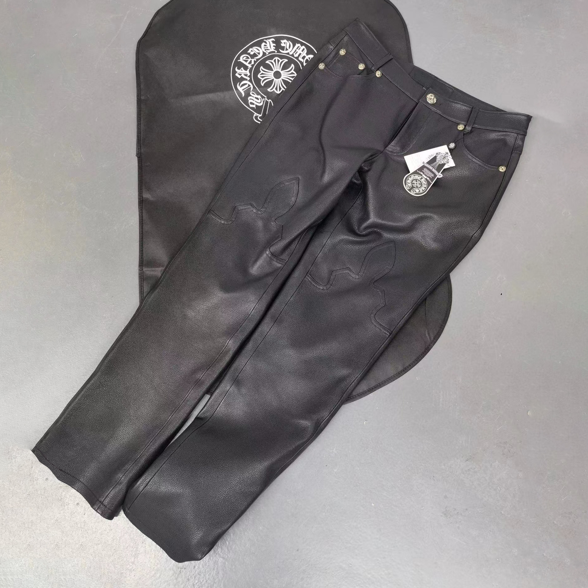 NIGO Chrome Hearts Mens Black Leather Slim Fit Trousers Pants #nigo96922