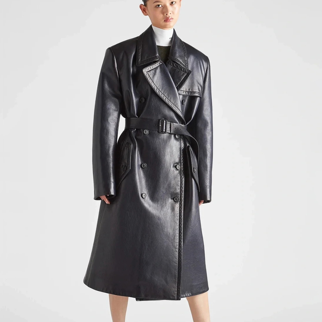 NIGO Prada Men's Winter Long Leather Belted Tie Coat Jacket #nigo96928