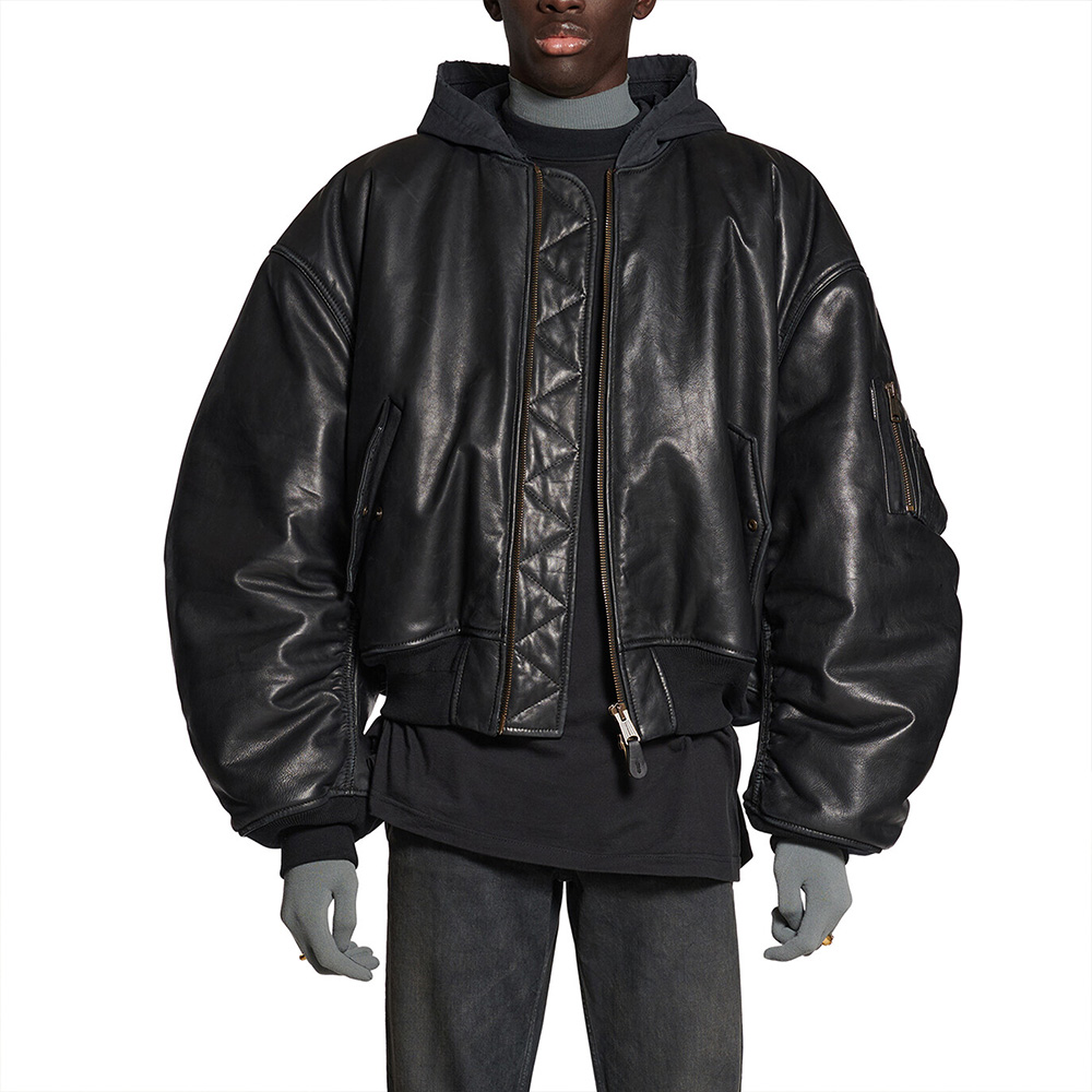 NIGO Balenciaga Men's Winter Black Zipper Long Sleeve Hooded Pilot Loose Leather Jacket Ngvp #nigo6986