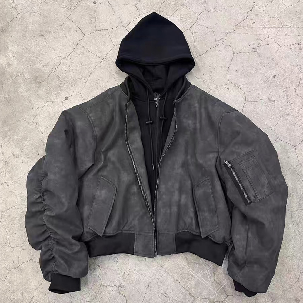 NIGO POPPROJECT Men's Winter Double Layer Fake Two Piece Hooded Long Sleeve Pilot Jacket Loose Leather Cotton Coat Ngvp #nigo6977