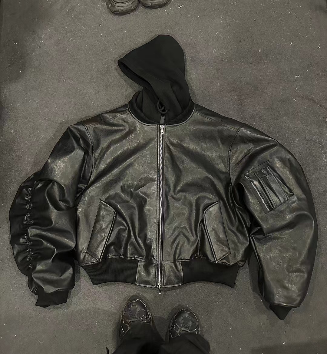 NIGO POPPROJECT Men's Winter Double Layer Fake Two Piece Leather Aviator Jacket Hooded Long Sleeve Loose Coay Ngvp #nigo6981