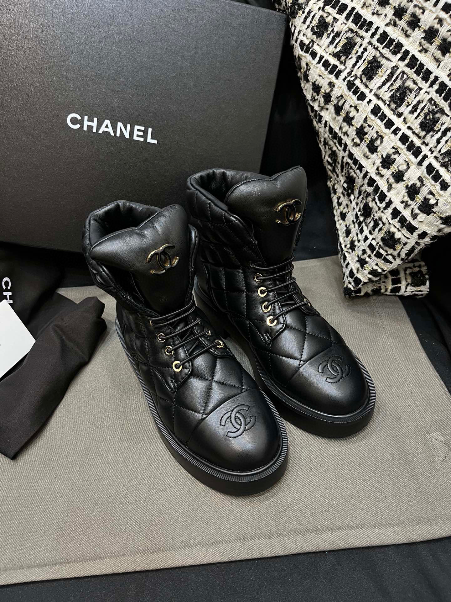 NIGO Chanel Women's Winter Lattice Shape Bread Leather Boots Shoes #nigo96981