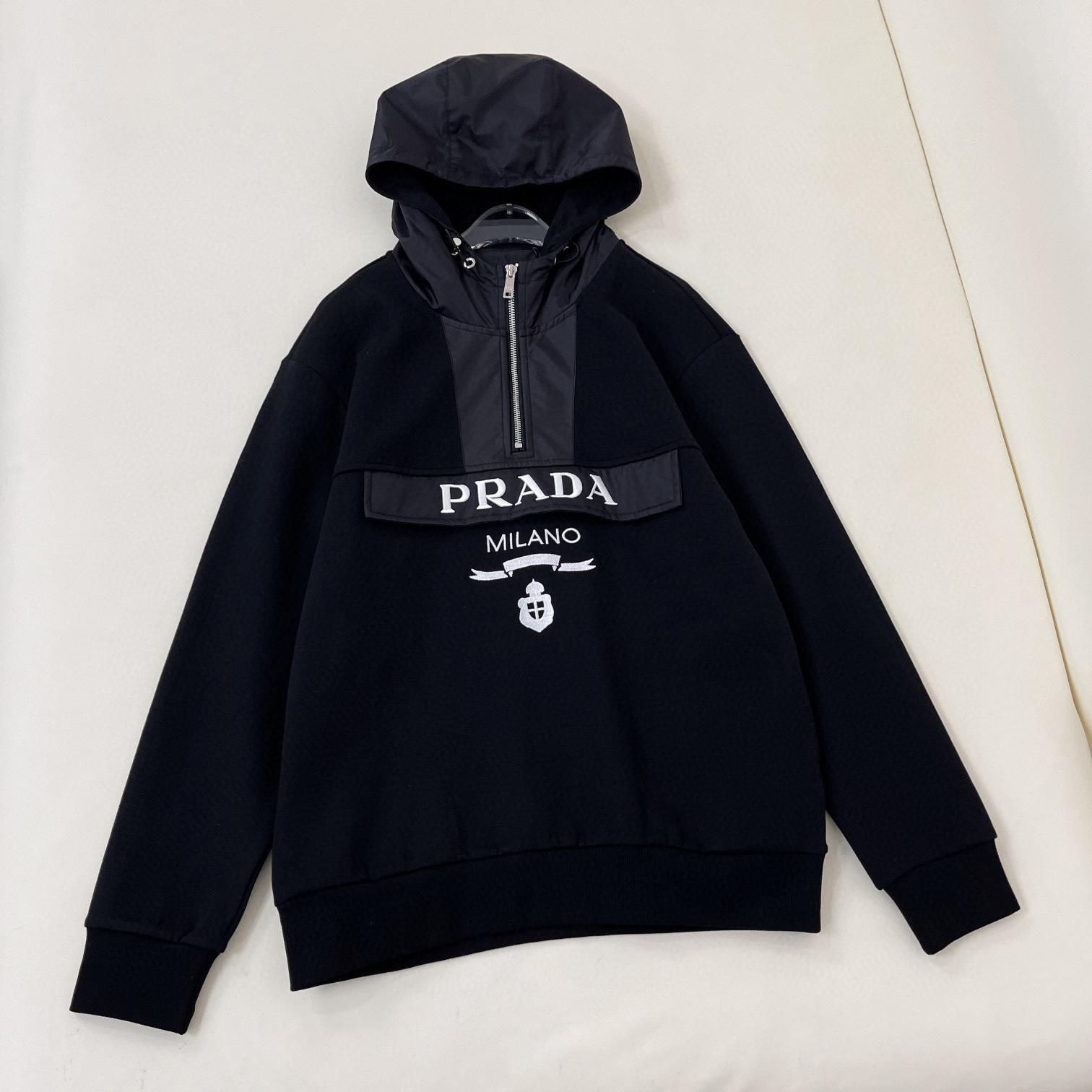 NIGO Prada Men's Fall Black Cotton Nylon Patchwork Half Zip Hoodie #nigo96985