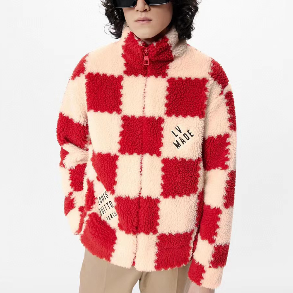 NIGO Louis Vuitton Men's Winter Red and White Plaid Lamb's Wool Zipper Jacket #nigo96984