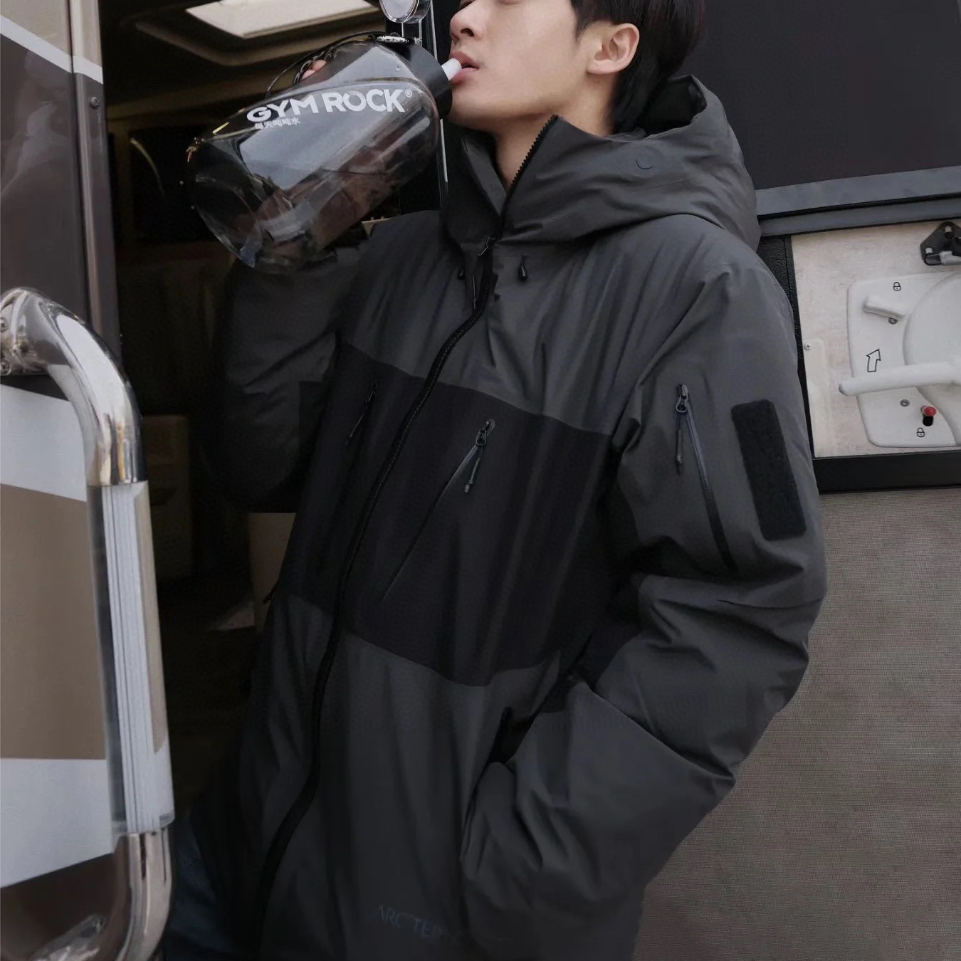 NIGO Arcteryx Men's and Women's Gray Spliced Logo Hard Shell Down Jacket Jacket #nigo96994