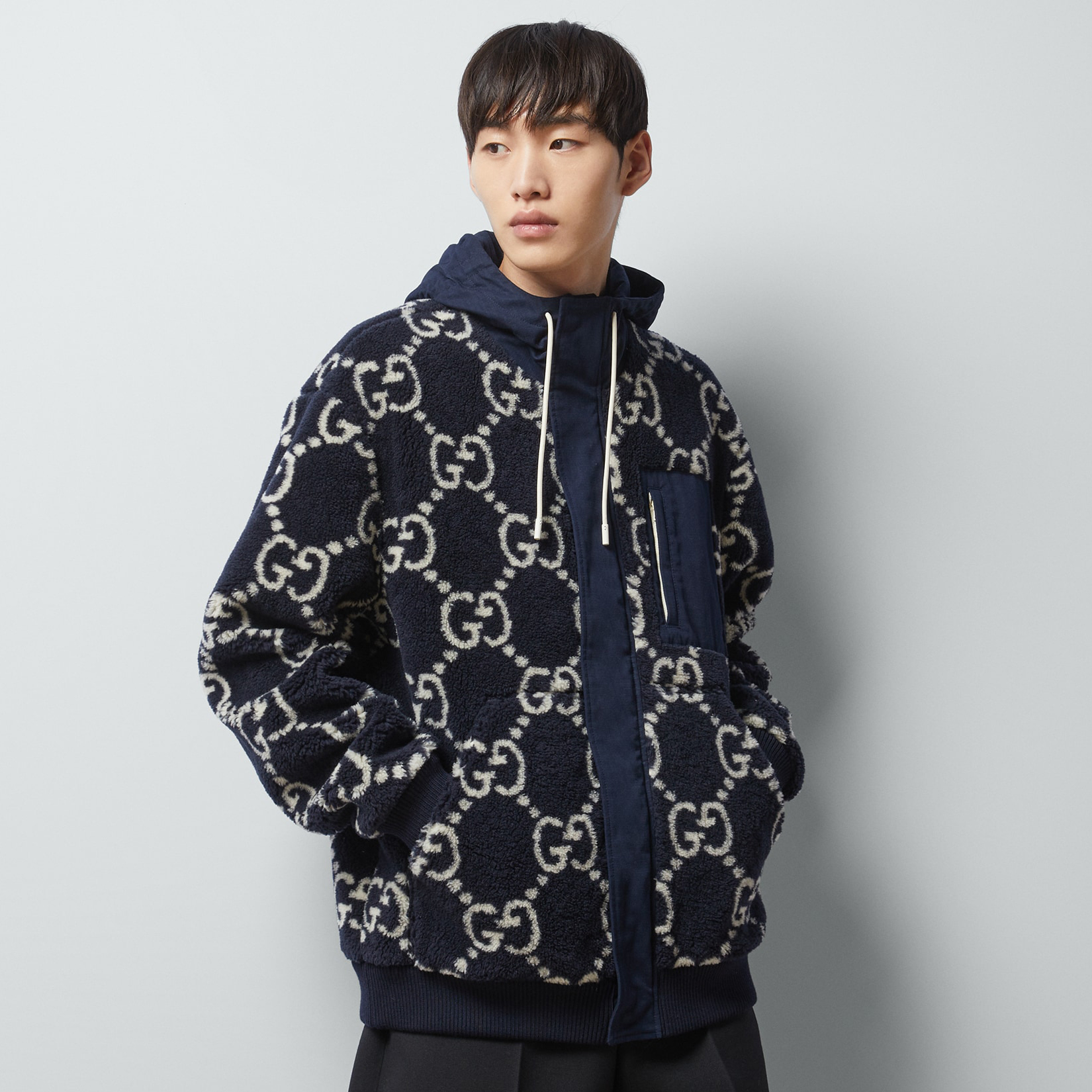 NIGO Gucci Men's Fall Blue GG Fuzzy Fabric Jacquard Hooded Zipper Jacket #nigo97143