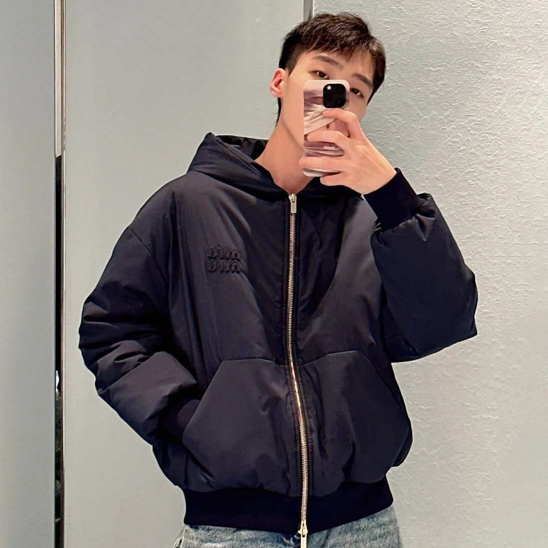 NIGO MiuMiu Men's Winter Navy Blue Zipper Hooded Puffer Down Jacket #nigo97155