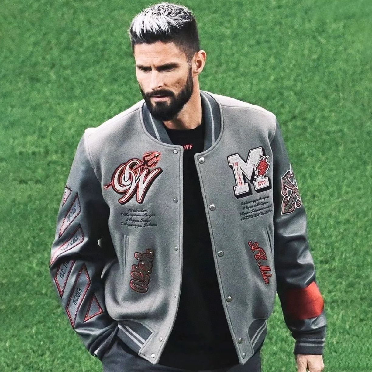 NIGO OFF-WHITE Men's Winter Devil Arrow Embroidered Patch Baseball Leather Jacket #nigo97171