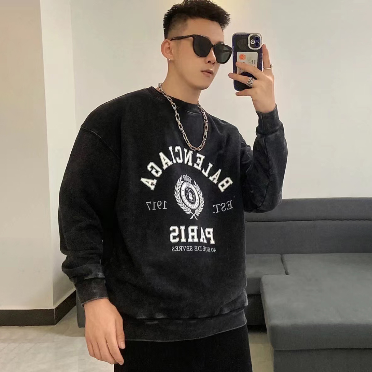 Balenciaga Men's Summer Logo Letter Printed Loose Washed Crew Neck Sweatshirt Pullover #nigo97163