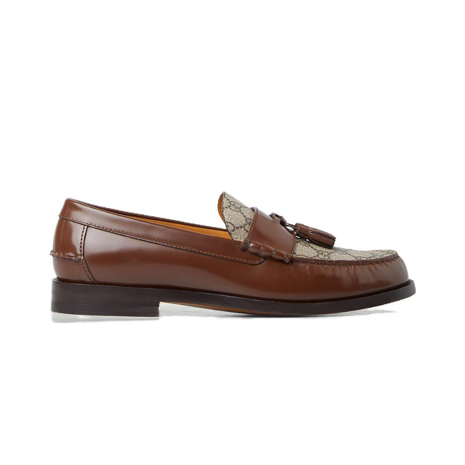 NIGO Gucci Women's Brown Leather Canvas GG Tassel Loafers Shoes #nigo97191