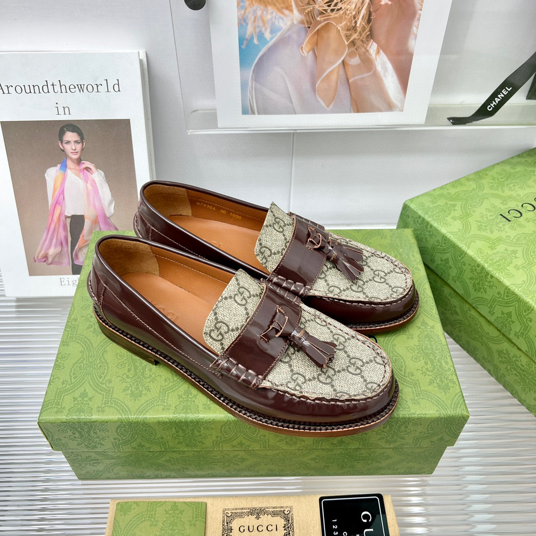 NIGO Gucci Women's Brown Leather Canvas GG Tassel Loafers Shoes #nigo97191