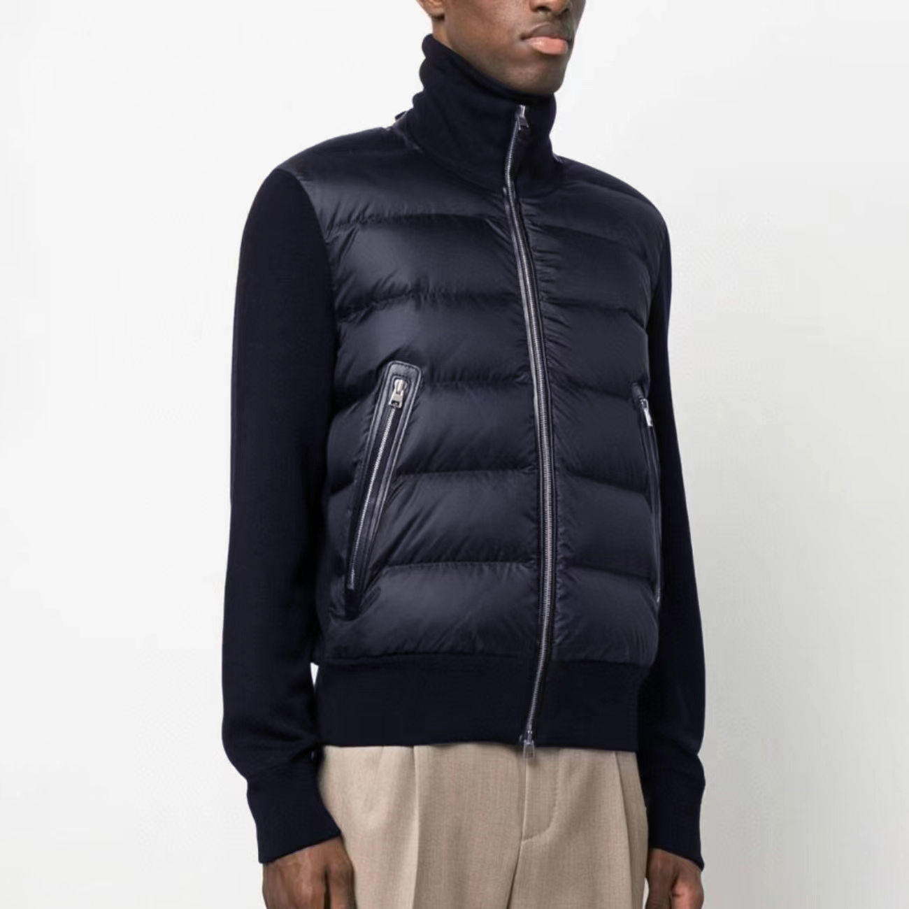 NIGO Tom Ford Men's Winter Knit Patchwork Down Zipper Jacket Nylon Fown Front Merino Blouson #nigo97213