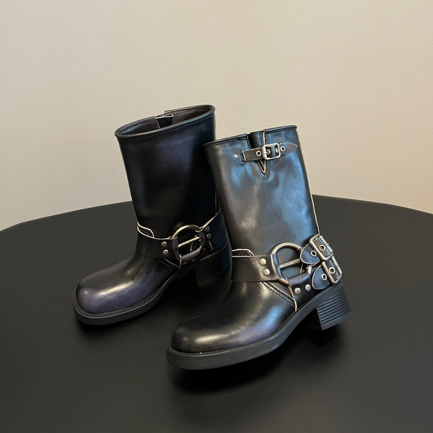 NIGO MiuMiu Women's Fall And Winter Two-Tone Cowhide/Suede Two-Buckle Nodel Mid-Calf Boots Shoes #nigo97265