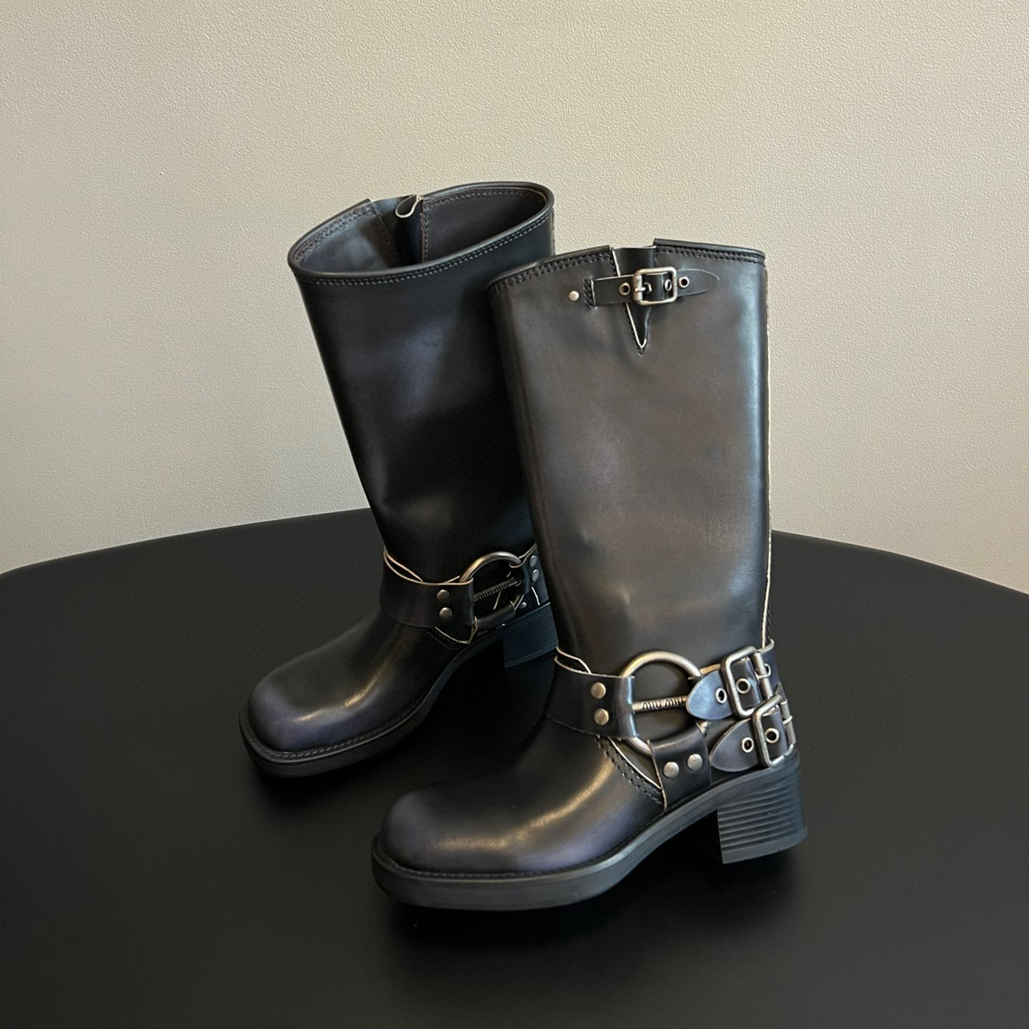 NIGO MiuMiu Women's Fall And Winter Two-Tone Cowhide/Suede Two-Buckle Nodel Mid-Calf Boots Shoes #nigo97265